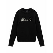 Vero moda Pull noir en maille pour femme, col rond, orné du logo Kool scintillant brodé de strass blancs.