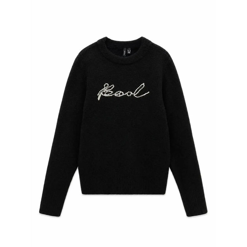 Vero moda Pull noir en maille pour femme, col rond, orné du logo Kool scintillant brodé de strass blancs.