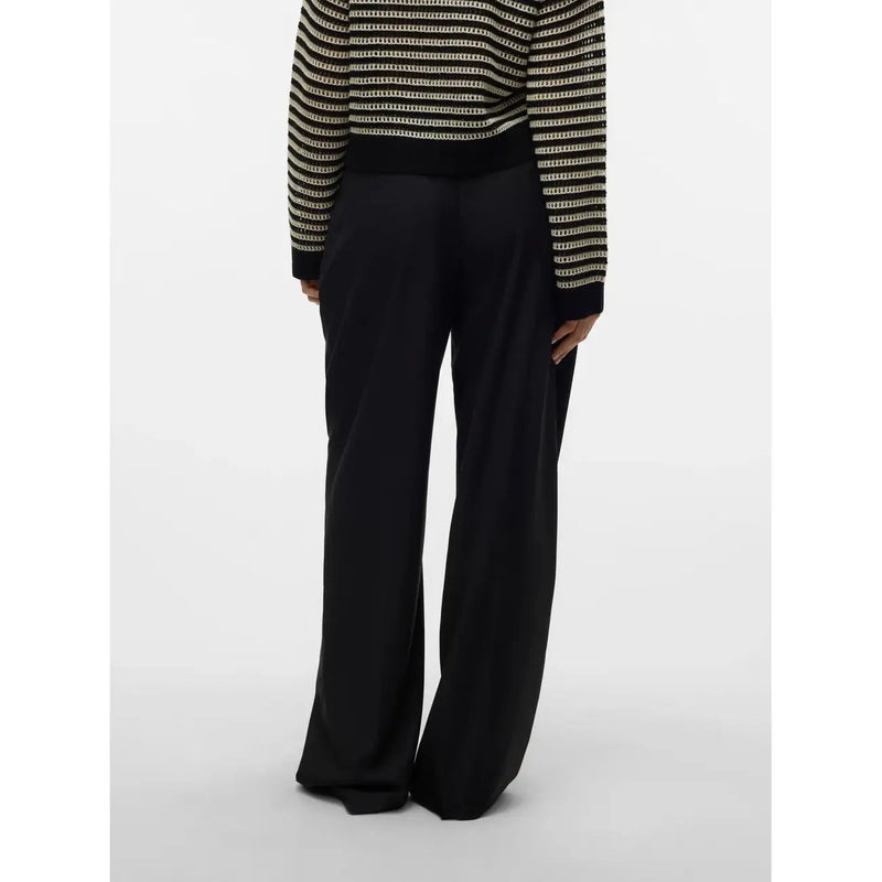 Vero moda Pantalon noir à jambes larges et fermeture éclair pour femme, confectionné en polyester viscose lisse, à la coupe droite et épurée.