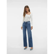 Vero moda Jean en denim bleu mélangé coton pour femme, coupe droite et design classique à cinq poches