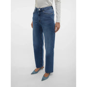 Vero Moda Jean en denim bleu délavé moyen pour femme, mélange de coton, taille haute et coupe droite