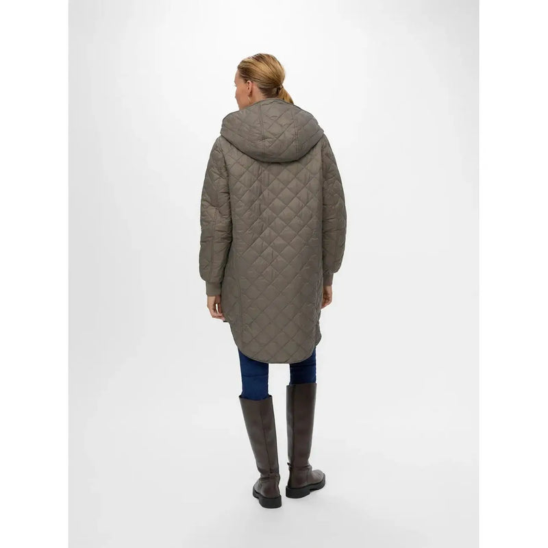 Vero moda Veste à capuche grise pour femme en polyamide polyester, ornée d'un long matelassage vert olive et de surpiqûres en losange.