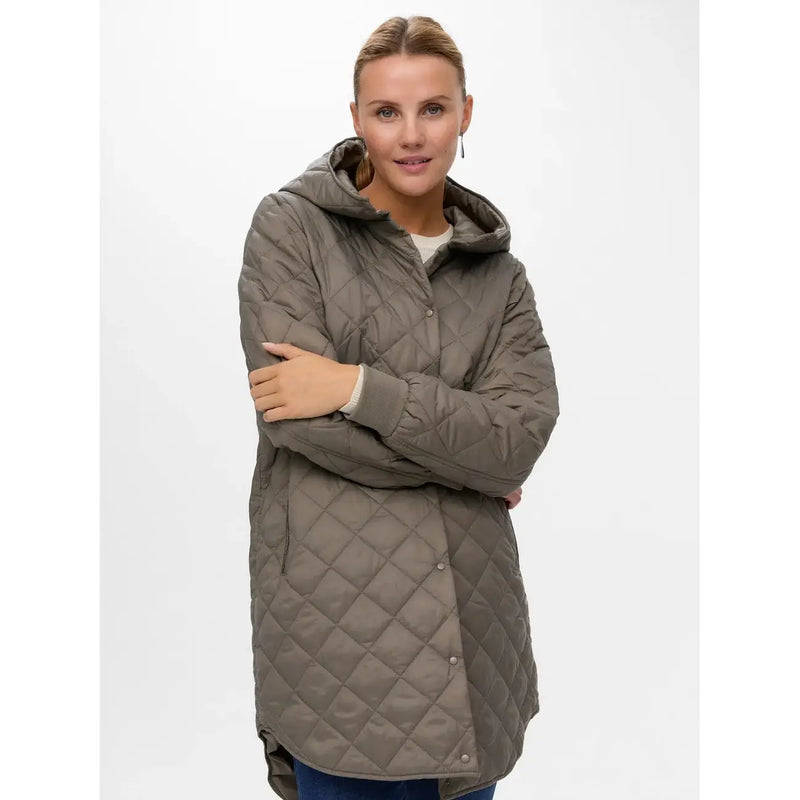 Vero Moda Veste à capuche grise pour femme en polyamide polyester, ornée d'un matelassage vert olive à losanges et dotée d'une fermeture boutonnée.