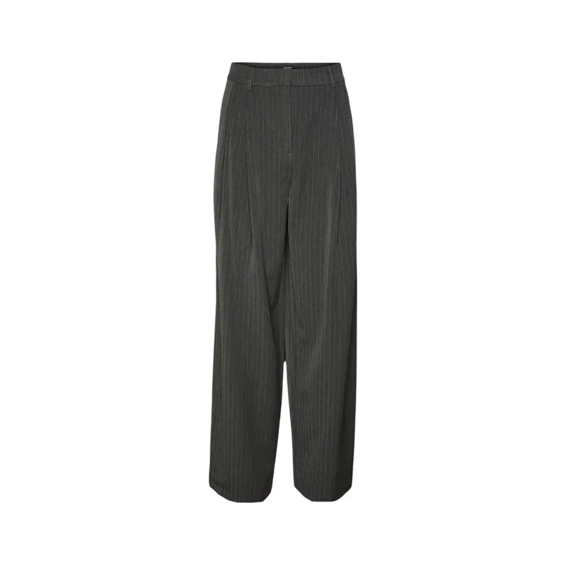 Vero Moda Pantalon gris à fines rayures pour femme, jambes larges, taille haute plissée sur le devant, en mélange de viscose