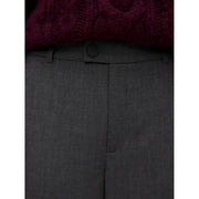 Vero moda Le pantalon gris pour femme est en laine mélangée gris foncé, à la texture subtile, avec une ceinture à un seul bouton noir.