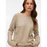 Vero moda Pull beige à col rond pour femme, en maille douce et texturée, avec poignets côtelés.