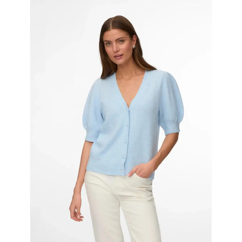 Vero Moda women light blue cardigan v neck made of soft polyester knit with puffed sleeves and textured fabric