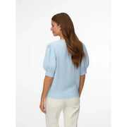 Vero Moda women light blue knit top with puffed sleeves and rounded neckline in soft polyester fabric
