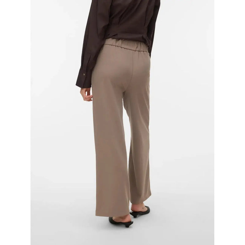Vero moda Pantalon beige pour femme, jambes larges, en polyester, tissu lisse et coupe ajustée, taille élastiquée, modèle à enfiler