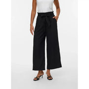 Pantalon noir taille haute à jambes larges avec ceinture nouée, en mélange de viscose pour femme par Vero Moda