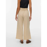 Vero Moda Pantalon beige taille haute à jambes larges pour femme, en mélange de viscose, avec ceinture froncée et modèle à enfiler