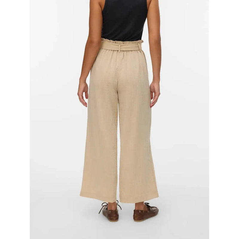 Vero Moda Pantalon beige taille haute à jambes larges pour femme, en mélange de viscose, avec ceinture froncée et modèle à enfiler