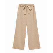 Vero moda Pantalon beige à jambes larges pour femme, en mélange de viscose, avec ceinture à nouer, modèle à enfiler