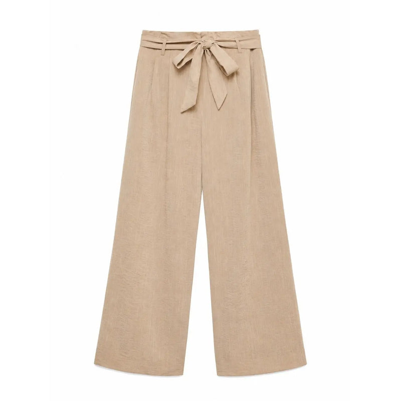 Vero moda Pantalon beige à jambes larges pour femme, en mélange de viscose, avec ceinture à nouer, modèle à enfiler