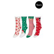 Vero Moda Ensemble de chaussettes festives pour femmes, en coton mélangé vert, ornées de motifs rouges et verts, de flocons de neige et de visages de Père Noël.