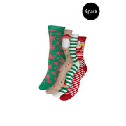 Ensemble de quatre vero moda Chaussettes de Noël festives pour femmes, vertes, en coton mélangé, avec divers motifs de fêtes.