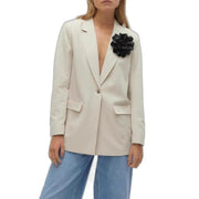 Vero Moda women’s beige blazer with button front pockets and black floral brooch on left lapel