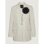 Vero Moda women’s beige cream-colored blazer with single button closure front pockets and black satin flower brooch