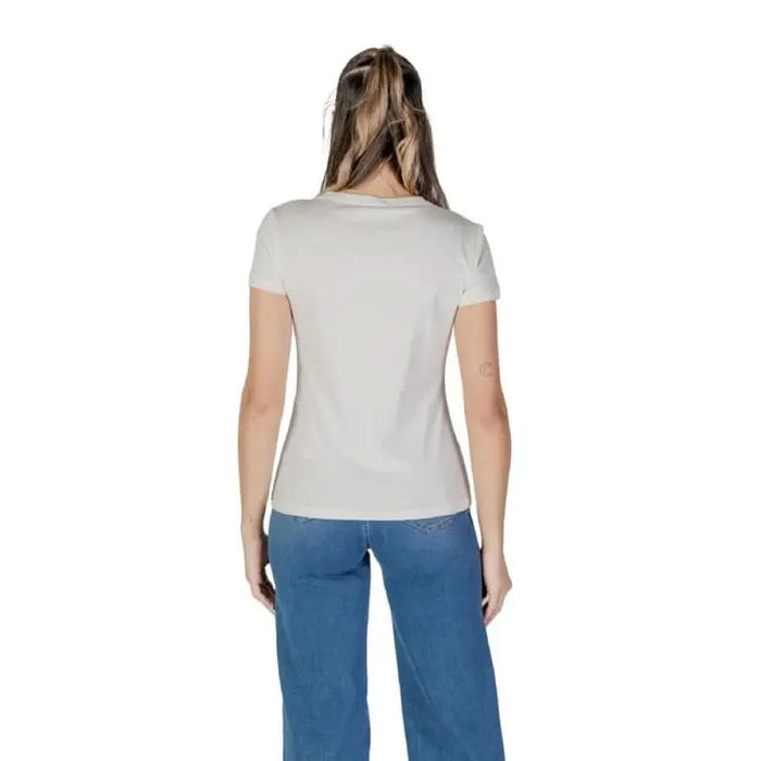 Back view of a person in a White Liu Jo Women’s T-Shirt with Print and Round Neck