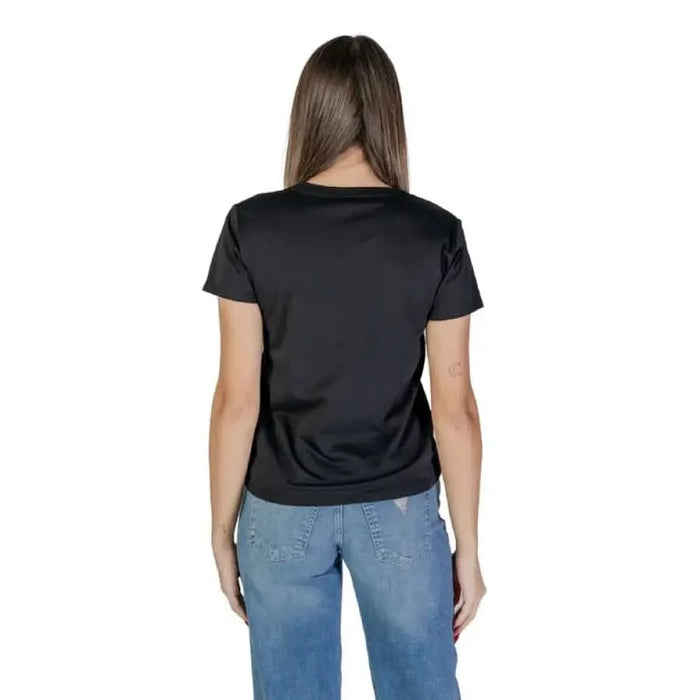 Back view of Liu Jo Black V-Neck Women’s T-Shirt paired with blue jeans