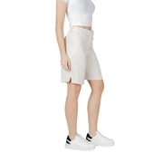Vila beige viscose blend high-waisted shorts with front pockets and subtle side slit in a tailored design