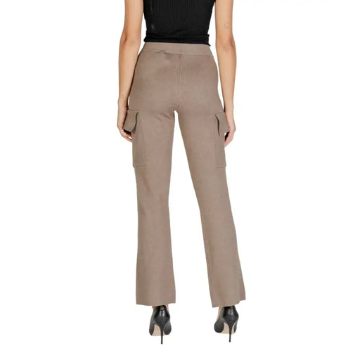 Vila beige viscose blend high-waist flared cargo trousers with side pockets