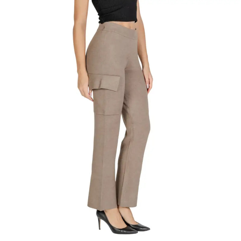 Beige high-waisted vila viscose blend trousers with flared leg and flap side pockets