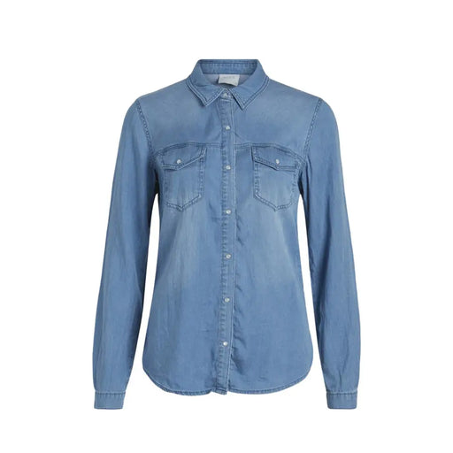Chemise Vila en denim bleu clair à manches longues, col classique et poches avant