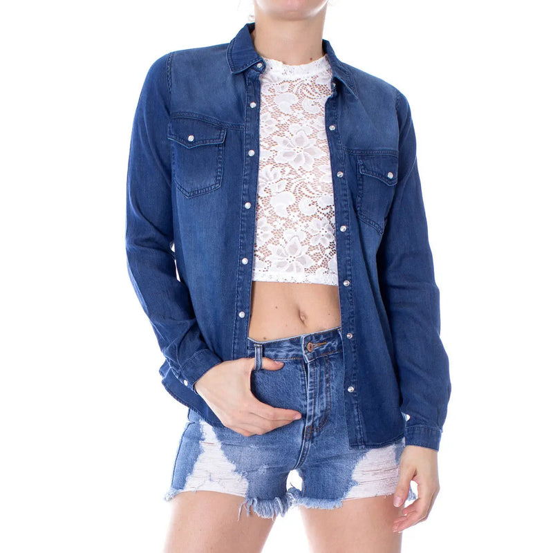 Vila Blue long sleeve denim shirt with buttoned front, collar, and chest pockets