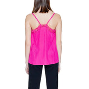 Vila Clothes womens fuchsia viscose tank top featuring a vibrant satin camisole with delicate lace trim on neckline and straps