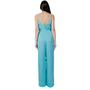 Vila Clothes women’s light blue satin jumpsuit with v-neck thin crisscross straps and fitted waist