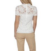 White lace short-sleeved top with floral pattern and high neckline from Vila Clothes women’s collection