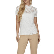 White lace top with short sleeves and high neckline from Vila Clothes womens t shirt with playful print collection