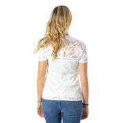 White lace short-sleeved blouse with delicate floral patterns and high neckline by Vila Clothes womens white t-shirt with playful print