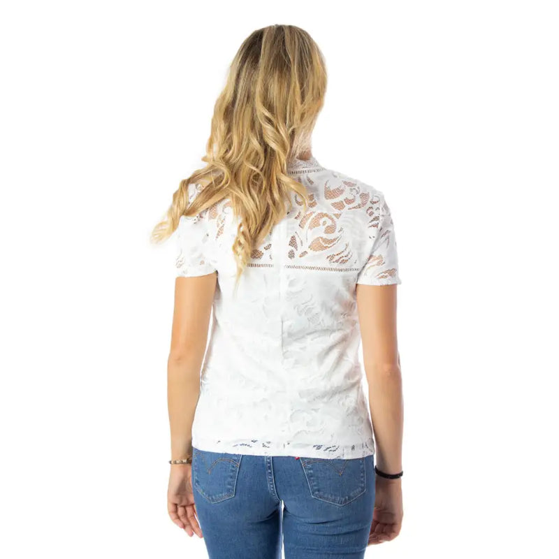 White lace short-sleeved blouse with delicate floral patterns and high neckline by Vila Clothes womens white t-shirt with playful print