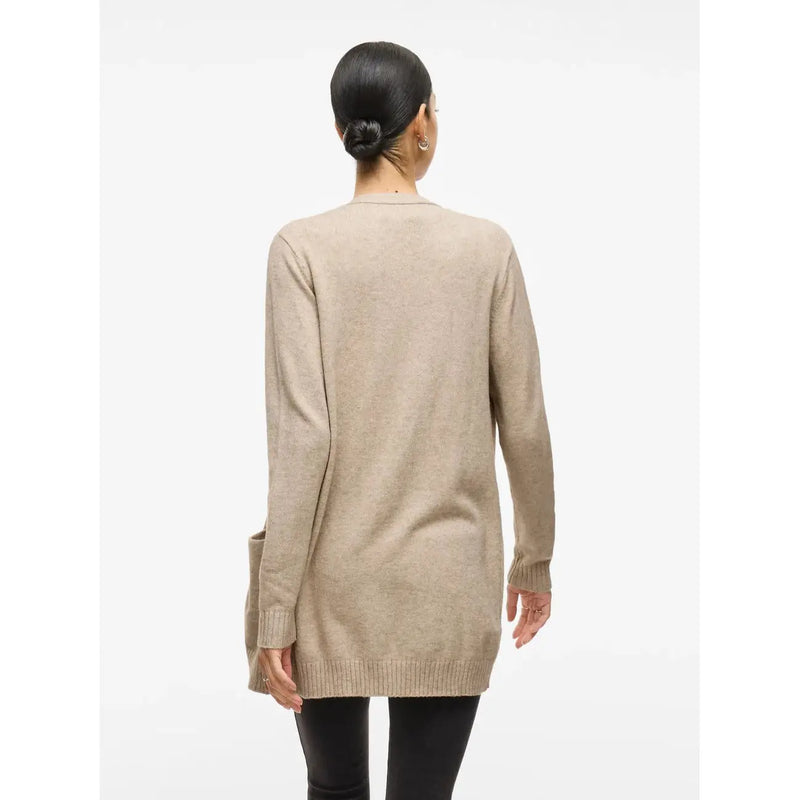 Beige long-sleeved knit cardigan with ribbed cuffs and hem by Vila in viscose blend featuring pockets