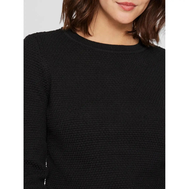 Pull Vila noir texturé en maille de coton pour femme, avec col rond, manches longues et tissu doux pour une tenue décontractée