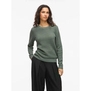 Pull long en maille texturée vert olive, col rond, col rond et poignets côtelés, modèle Vila pour femme en coton.