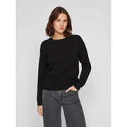 Pull Vila pour femme en maille de coton noir côtelée, col rond et manches longues