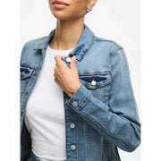 Medium-wash blue denim jacket with silver buttons and classic flap pockets in vila women light blue cotton blend blazer long fit