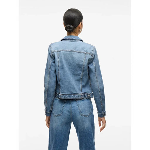 Veste en jean délavé moyen, col classique et poignets boutonnés, style blazer long Vila pour femme, bleu clair, en mélange de coton.