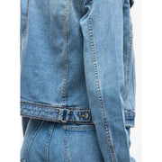 Vila women light blue cotton blend blazer long fit with light-wash denim jacket back visible stitching and buttoned waistband