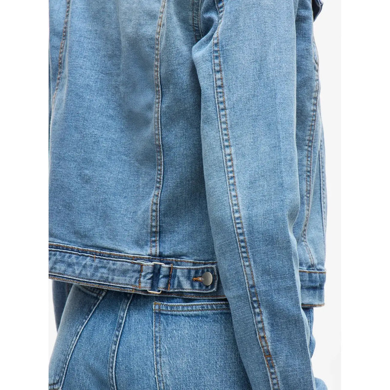 Vila women light blue cotton blend blazer long fit with light-wash denim jacket back visible stitching and buttoned waistband
