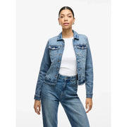 Blue denim jacket with classic button front and chest pockets from vila women light blue cotton blend blazer long fit