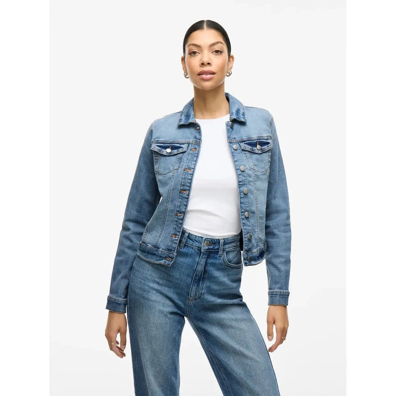 Blue denim jacket with classic button front and chest pockets from vila women light blue cotton blend blazer long fit