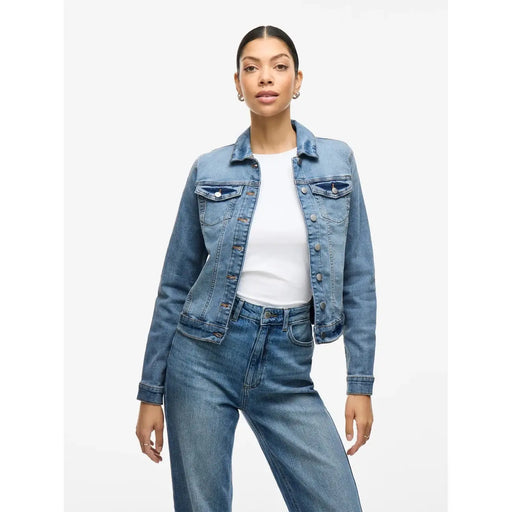 Veste en jean bleu clair à boutons classiques et poches poitrine, de la marque Vila, blazer long en coton mélangé bleu clair pour femme.