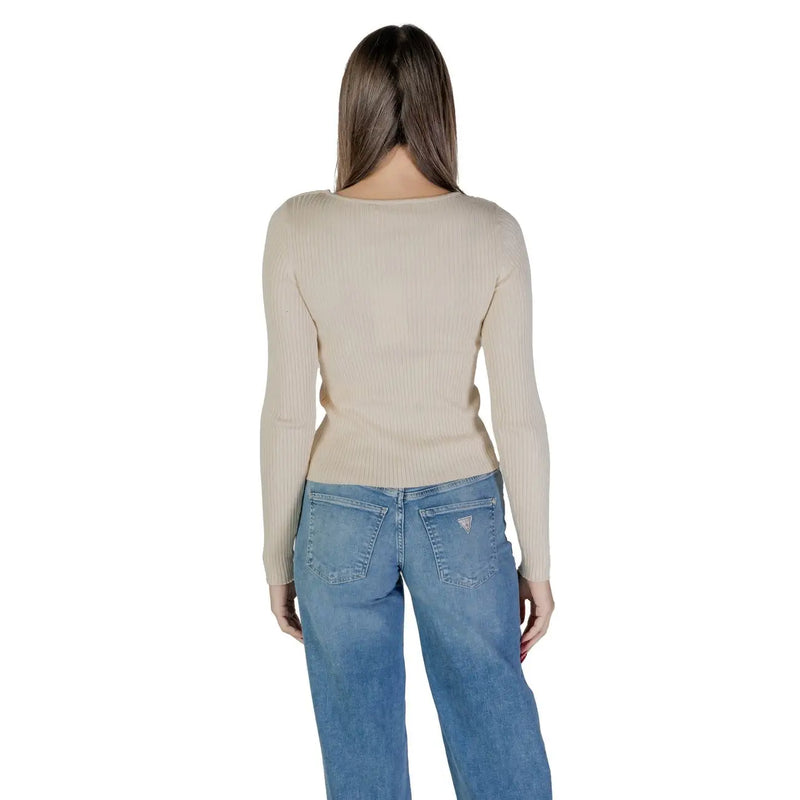 Pull beige côtelé à manches longues et col rond de la collection Vila pour femmes en maille blanche viscose nylon