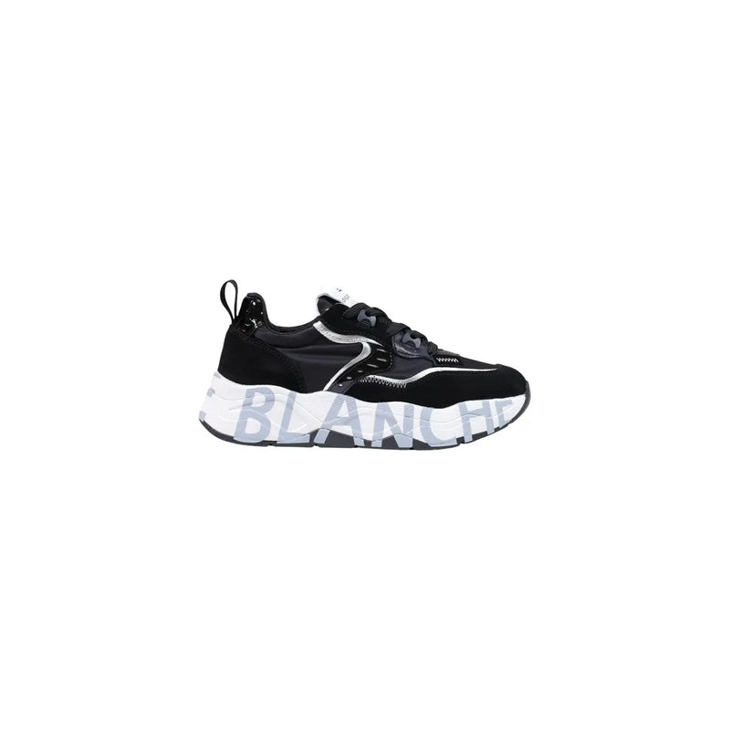 Black and white voile blanche women suede chunky sneaker showing bold blanche lettering on the sole