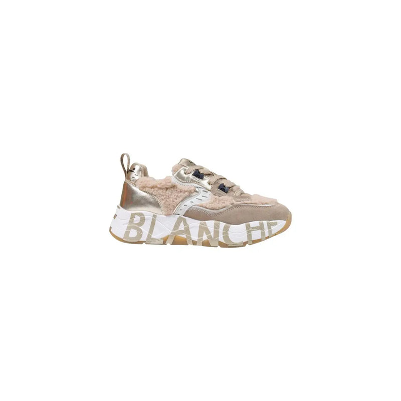 Voile Blanche women black suede sneakers with beige metallic gold chunky design and plush shearling accents