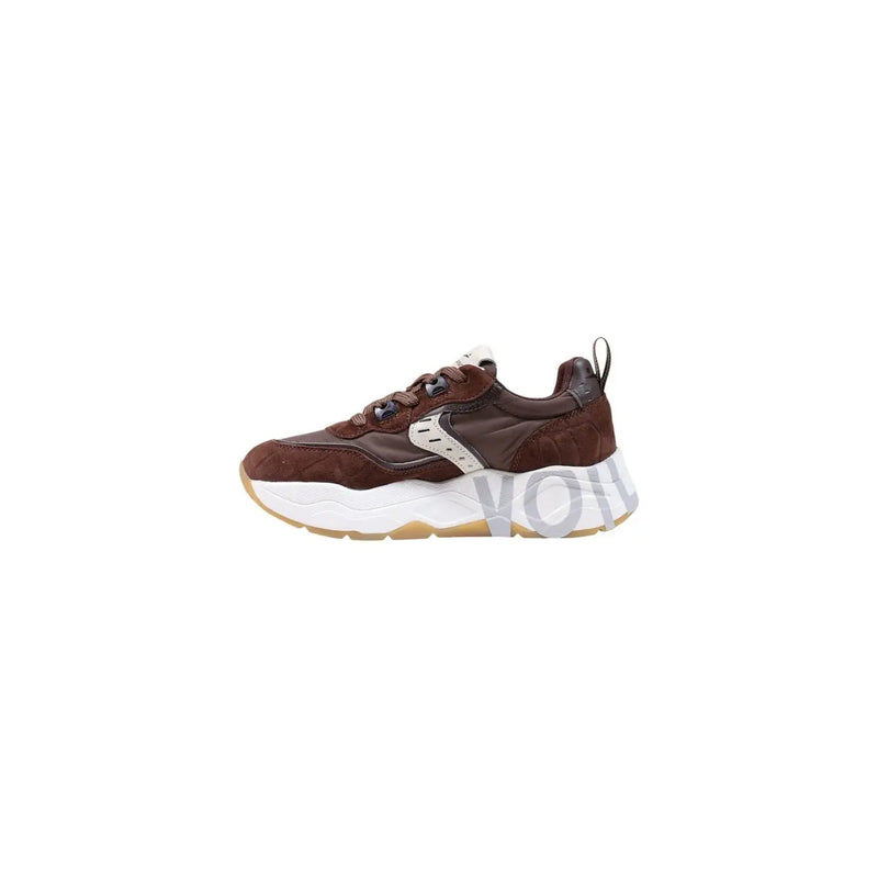 Voile blanche women brown suede sneakers slip with leather accents and white chunky sole featuring gray logo on side